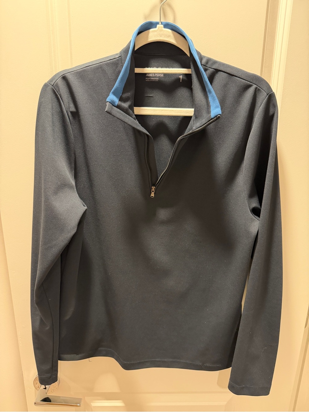 James Perse Men's Zip-Neck Sweater in Charcoal with Blue Trim